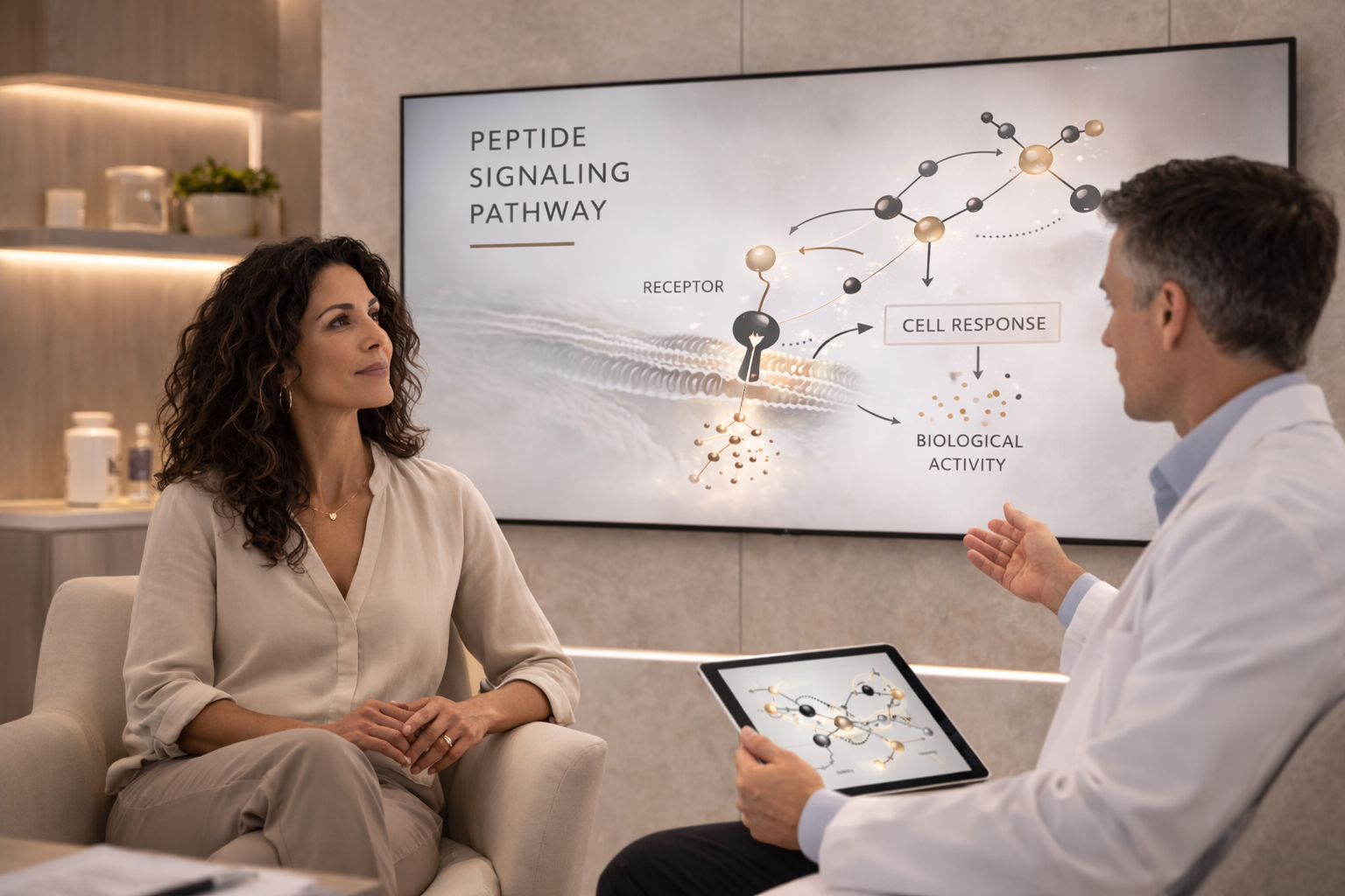 Physician explaining exosome cellular signaling therapy to patient at Harper MD, Weston FL