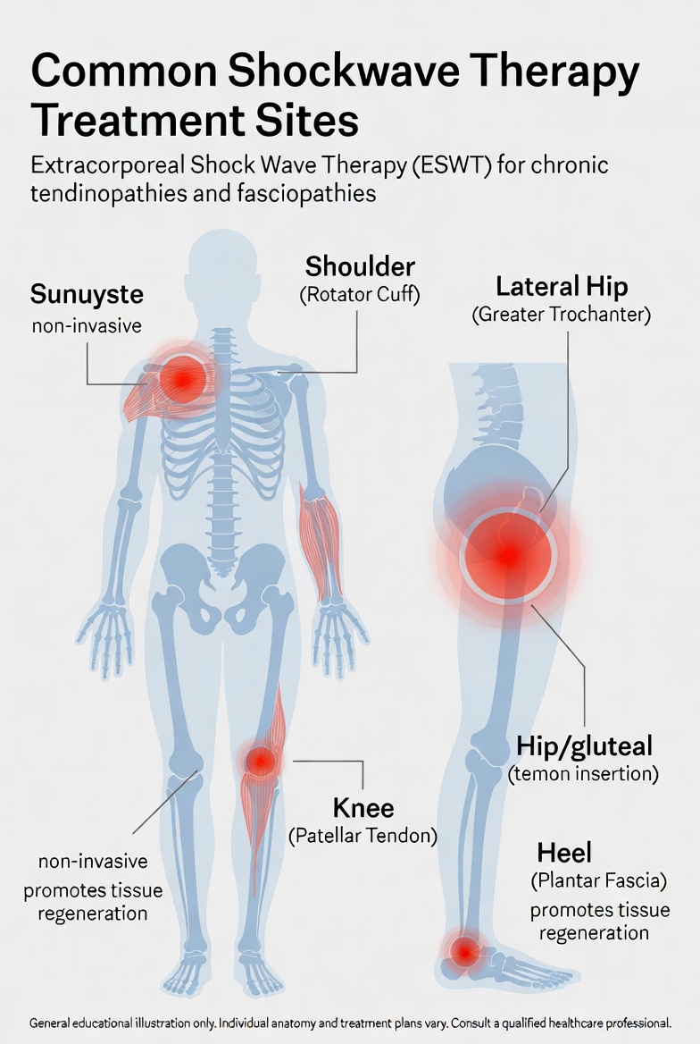 Anatomical diagram showing the joints and soft tissue areas commonly treated with shockwave therapy including knee, rotator cuff, plantar fascia, and hip]