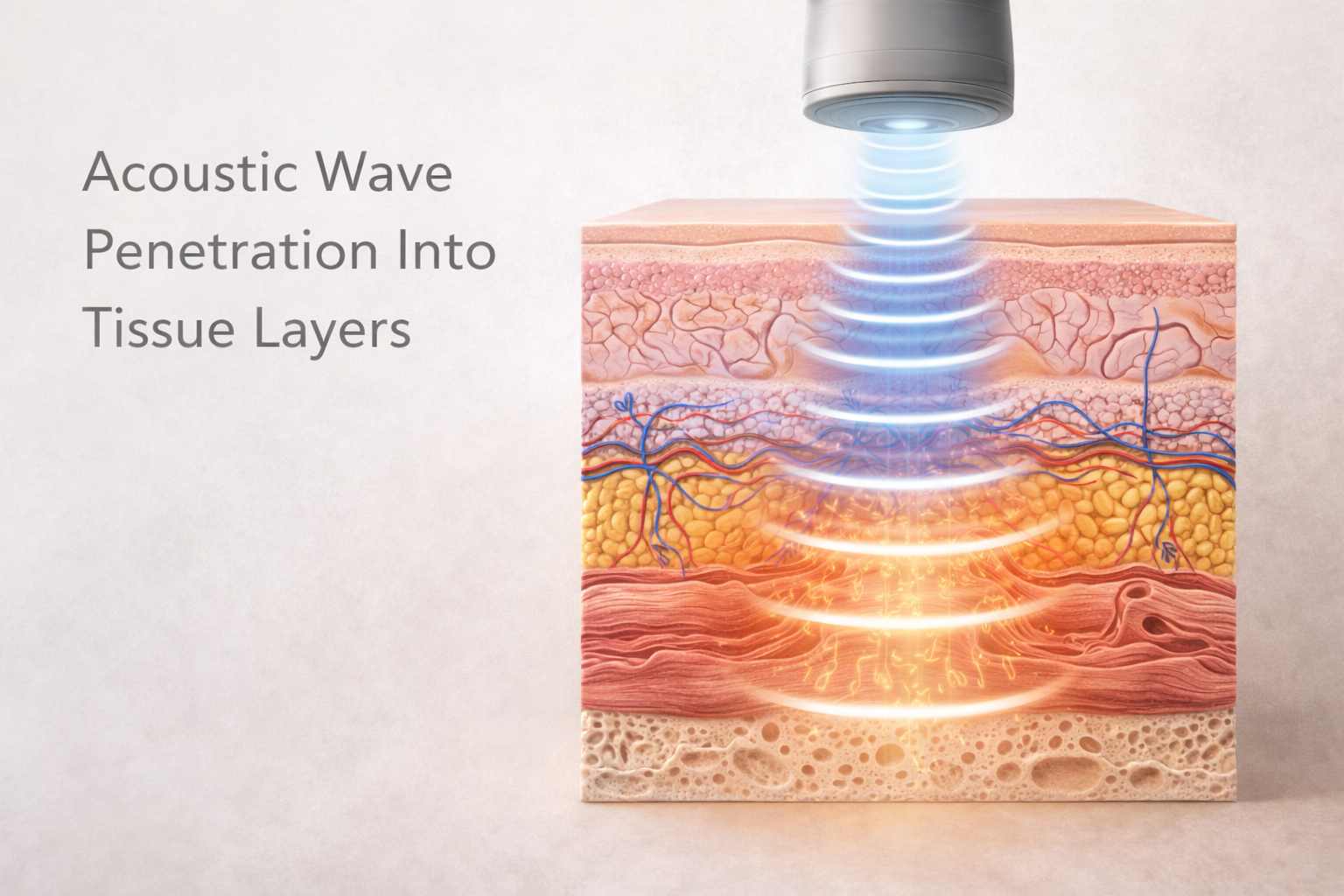 Diagram illustrating how shockwave therapy delivers acoustic pressure waves into soft tissue and tendon structures