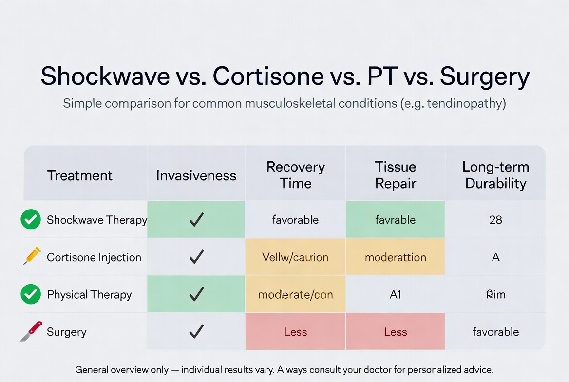 omparison chart showing shockwave therapy versus cortisone injections, physical therapy, and surgery across factors including invasiveness, tissue repair, and long-term outcomes
