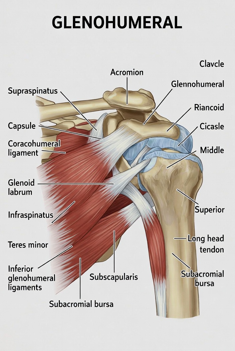 Anatomical diagram of the shoulder joint highlighting the rotator cuff tendons, supraspinatus, and surrounding soft tissue structures commonly involved in chronic shoulder injuries]