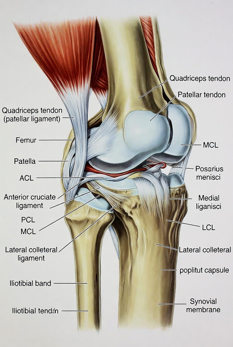 Anatomical diagram of the knee joint highlighting the patellar tendon, cartilage, and surrounding soft tissue structures commonly affected by chronic knee pain