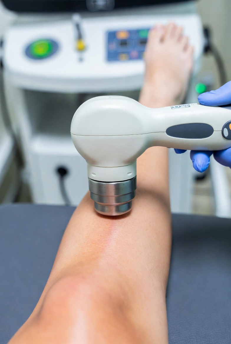 Shockwave therapy device being applied to a patient's lateral elbow, representing the targeted treatment of chronic tendinopathy conditions at Harper MD Shockwave therapy device being applied to a patient's lateral elbow, representing the targeted treatment of chronic tendinopathy conditions at Harper MD