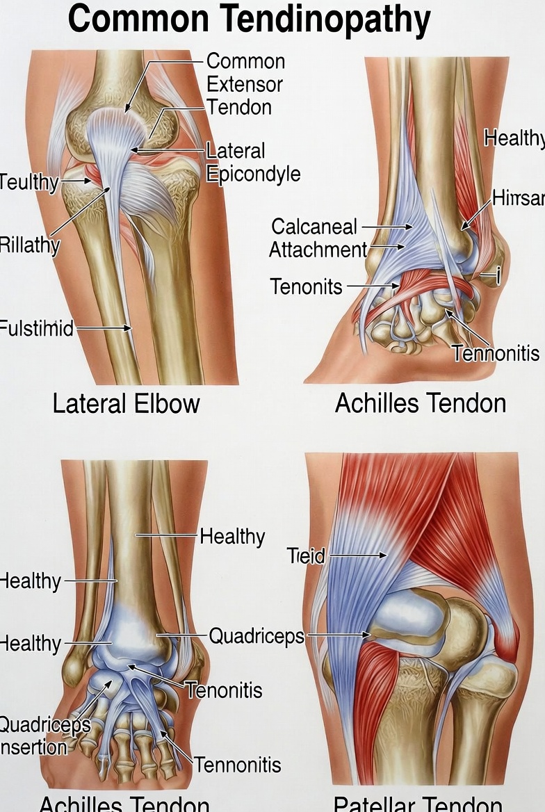 Anatomical diagram showing the locations of common tendinopathies including lateral epicondyle for tennis elbow, Achilles tendon insertion, and patellar tendon, all commonly treated with shockwave therapy Anatomical diagram showing the locations of common tendinopathies including lateral epicondyle for tennis elbow, Achilles tendon insertion, and patellar tendon, all commonly treated with shockwave therapy
