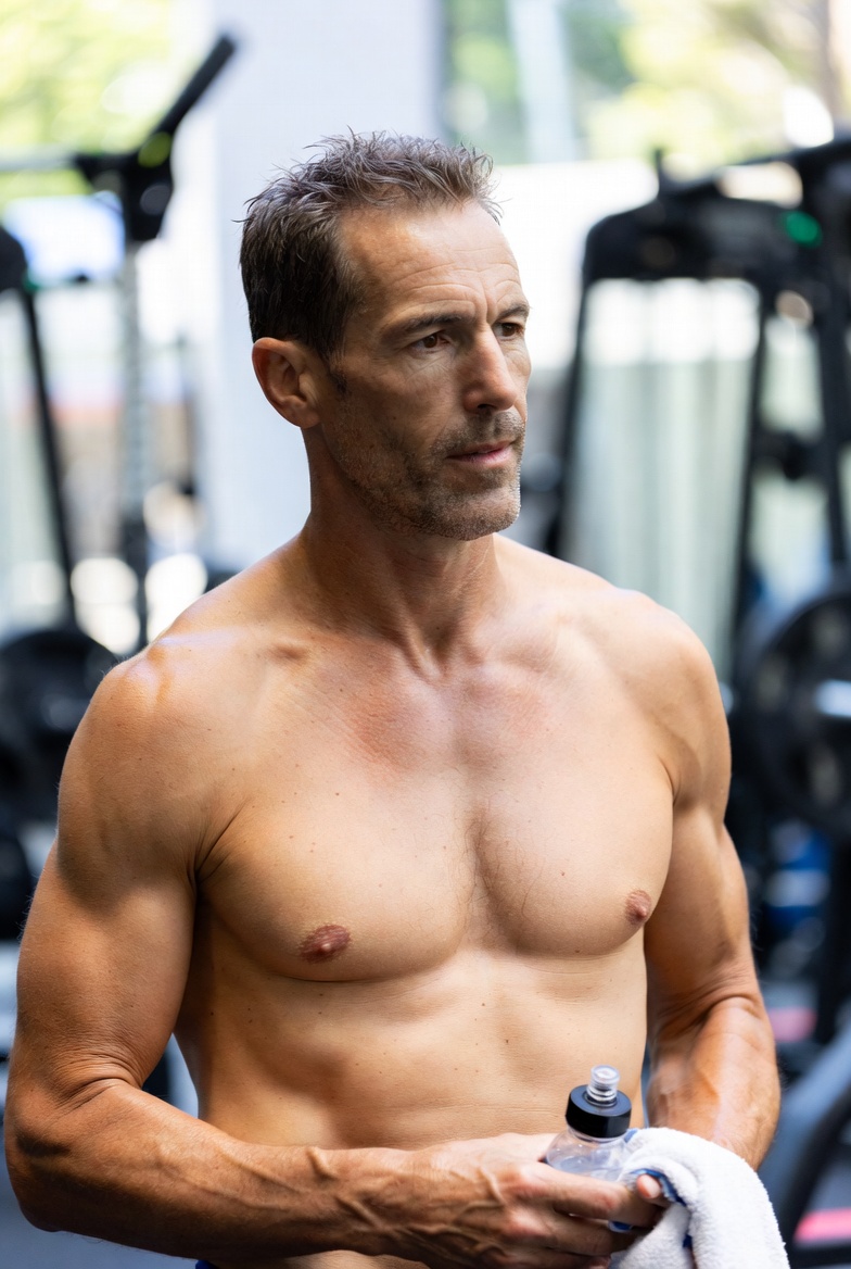 Active male in his late 40s engaged in sport or training, representing the body composition and performance goals addressed by testosterone optimization at Harper MD