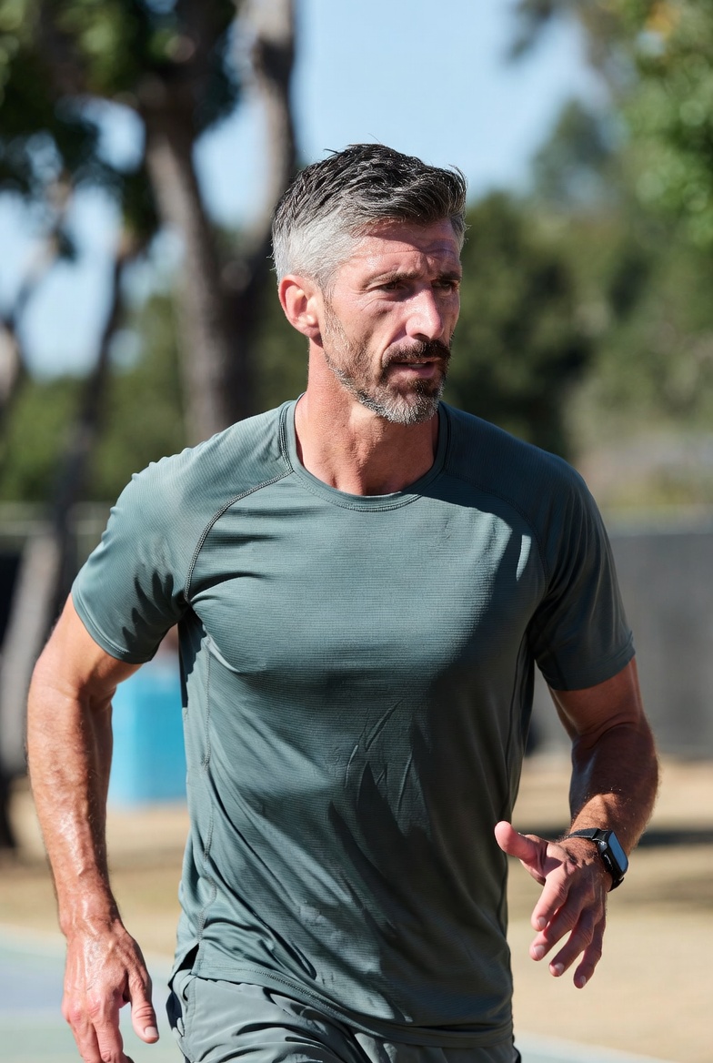 Male athlete in his early 50s in a post-training recovery context, representing the performance and recovery goals of testosterone optimization at Harper MD