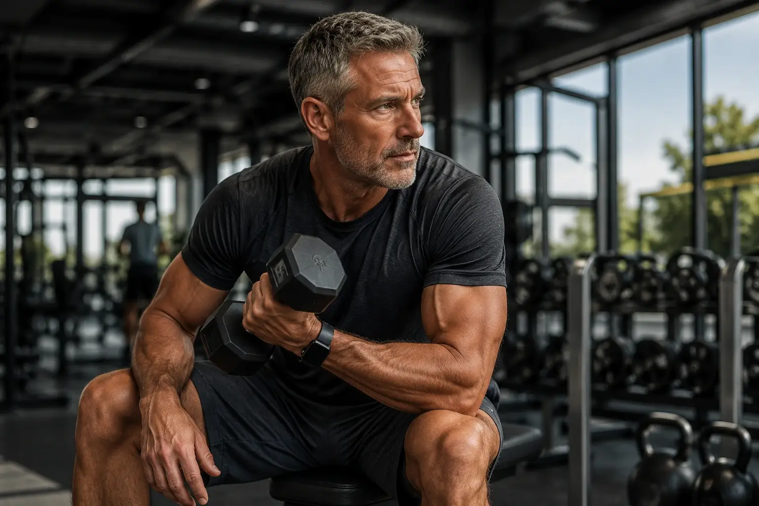 Active adult male in his early 50s engaged in resistance training, representing the recovery, body composition, and performance goals that growth hormone peptide therapy at Harper MD supports