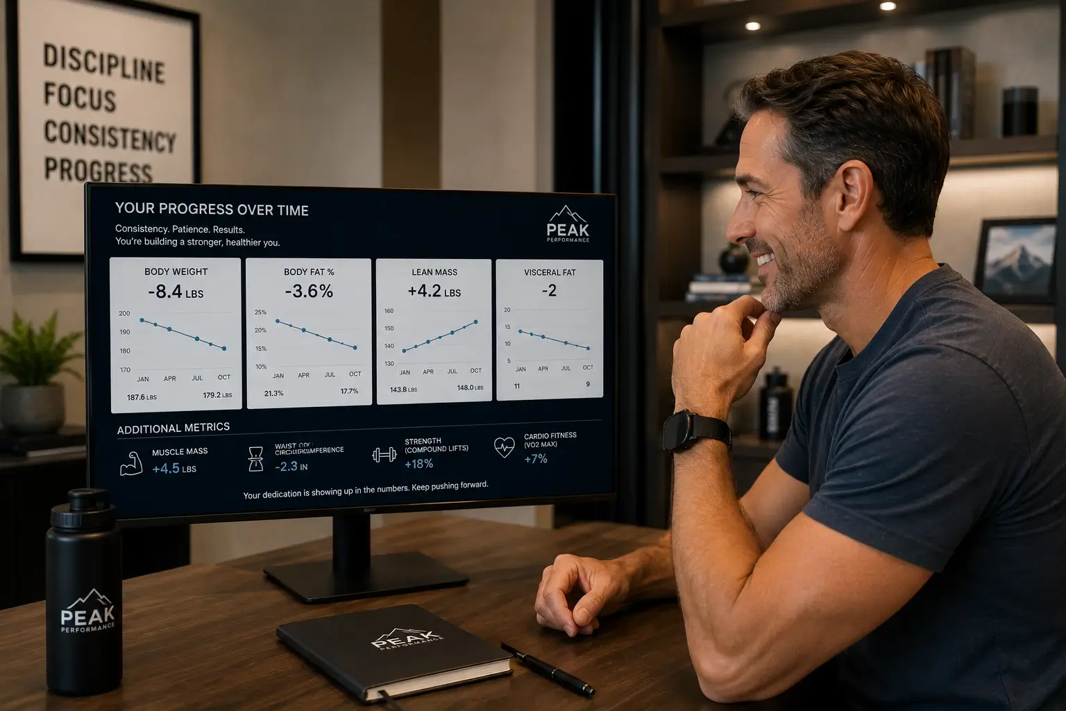 Active adult in their 50s reviewing training progress, representing the gradual and measurable body composition improvements supported by peptide therapy and hormonal optimization at Harper MD
