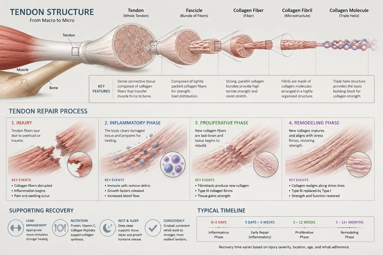 Anatomical illustration showing tendon fiber structure and the cellular repair process, representing the tissue-level healing mechanism that BPC-157 supports in chronic tendon and soft tissue conditions Anatomical illustration showing tendon fiber structure and the cellular repair process, representing the tissue-level healing mechanism that BPC-157 supports in chronic tendon and soft tissue conditions