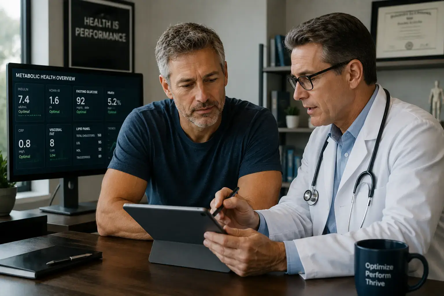 Active adult reviewing fitness and body composition progress, representing the gradual and measurable improvements in recovery and lean mass that growth hormone peptide therapy supports over time