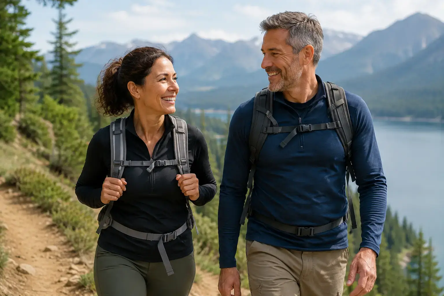 Active adult couple in their early 50s in an outdoor setting representing the physical vitality and long-term health goals that Harper MD's metabolic weight loss program is designed to support