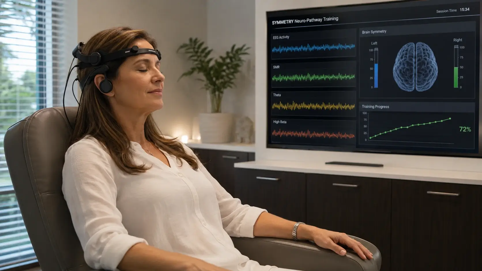 Adult patient wearing a neurofeedback headset during a SYMMETRY Neuro-Pathway Training session at Harper MD in Weston FL