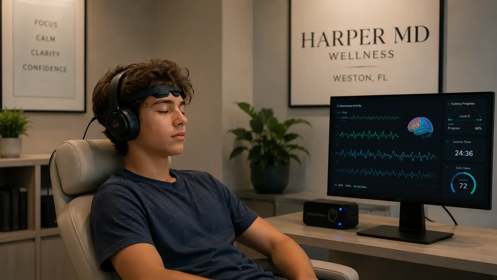 Young teen patient in a calm clinical setting at Harper MD Weston FL during a neurofeedback brainwave training session for ADHD anxiety and focus support