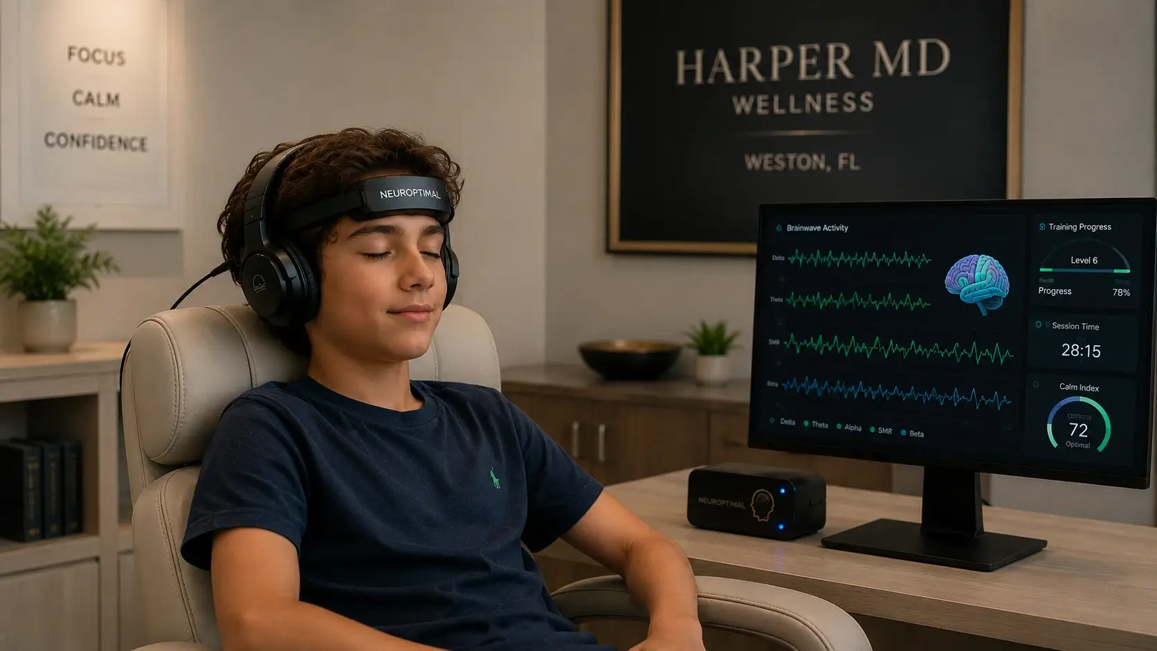 Child wearing a neurofeedback headset during a calm brainwave training session at Harper MD in Weston FL, representing drug-free ADHD and focus support for children and adolescents Child wearing a neurofeedback headset during a calm brainwave training session at Harper MD in Weston FL, representing drug-free ADHD and focus support for children and adolescents