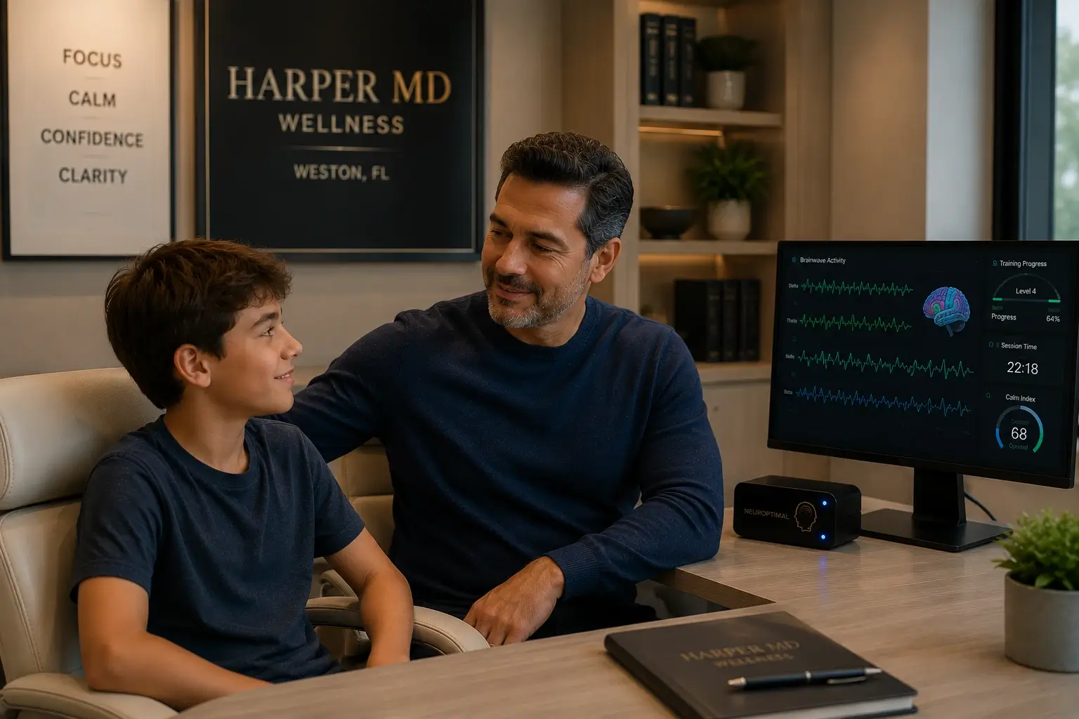 Parent and child in a calm clinical setting at Harper MD Weston FL, representing the family-oriented approach to neurofeedback therapy for childhood anxiety and adult stress resilience