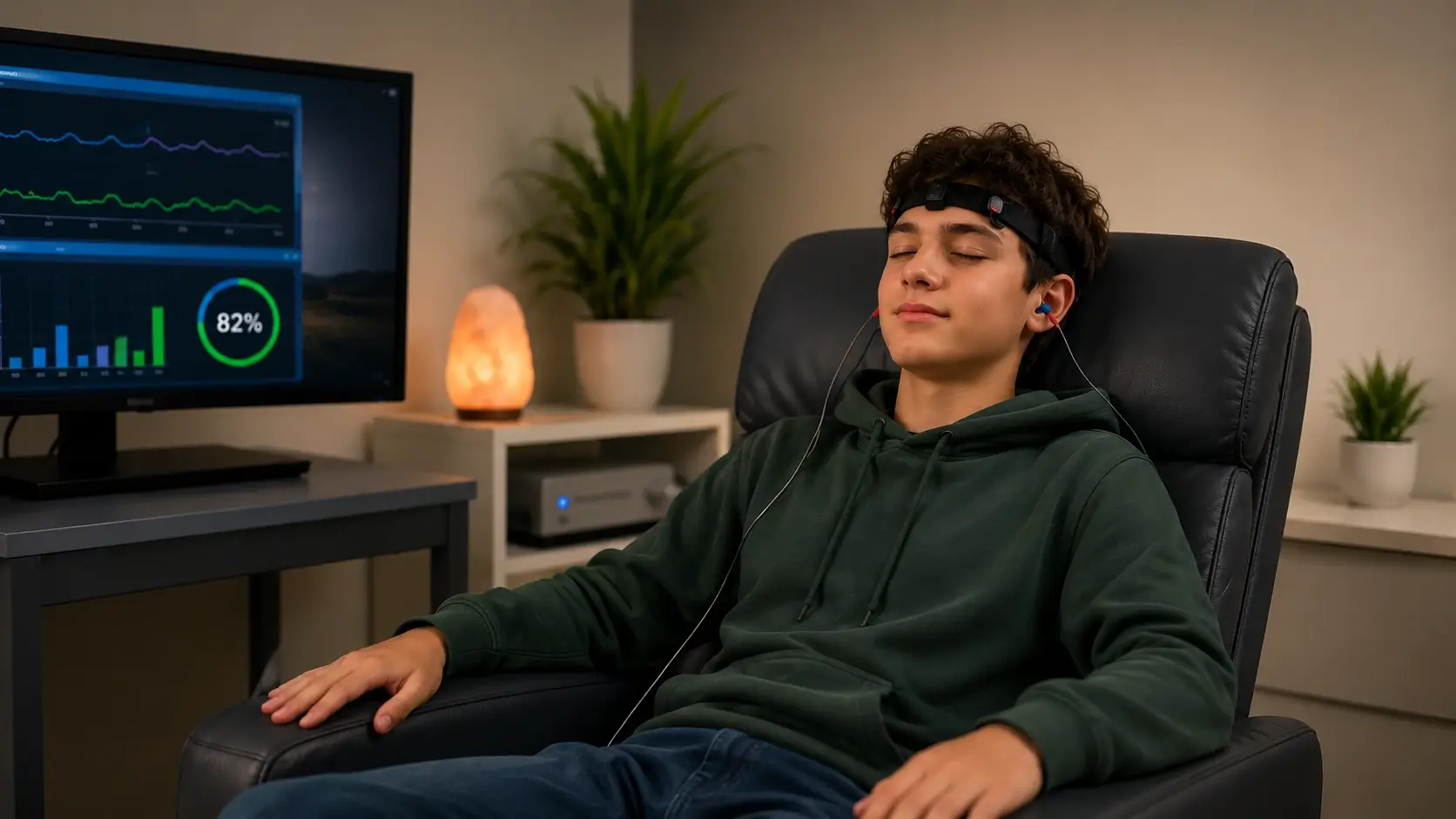 Teen patient in a calm neurofeedback session at Harper MD Health and Wellness in Weston FL, representing the drug-free approach to adolescent anxiety and nervous system regulation that Harper MD provides for families