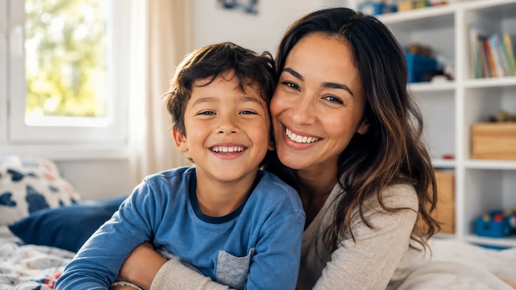 A child and his mother with renewed energy from a wonderful night of sleep and recovery. Different mother and child than any previous photo. 16:9