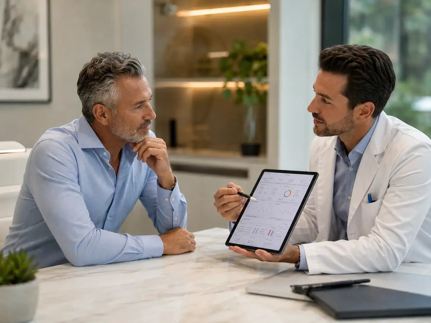Physician explaining exosome cellular signaling therapy to patient at Harper MD, Weston FL