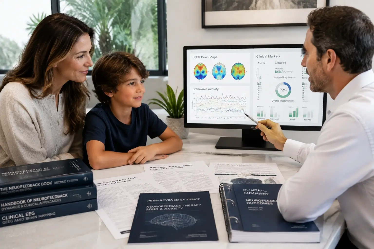 Clinical research documentation and brain imaging representing the peer-reviewed evidence base for neurofeedback therapy for ADHD and anxiety at Harper MD in Weston FL