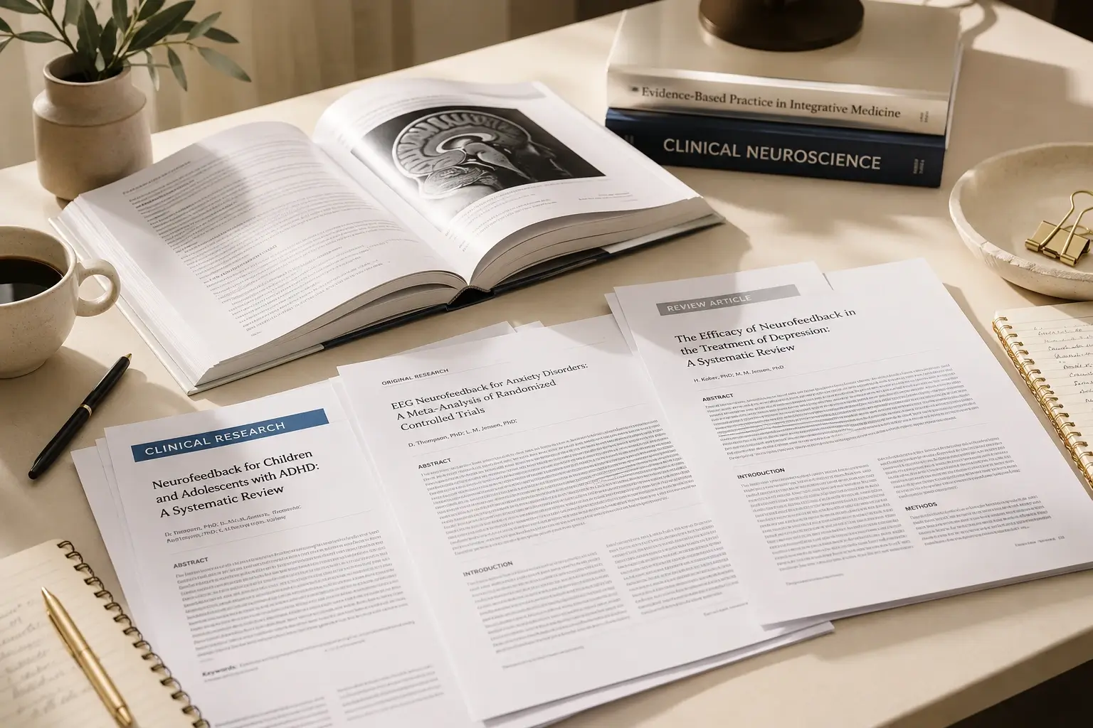 Open research documents and clinical reference materials on a warm ivory desk at Harper MD in Weston FL, representing the citation and editorial review standards behind the clinic's patient education content