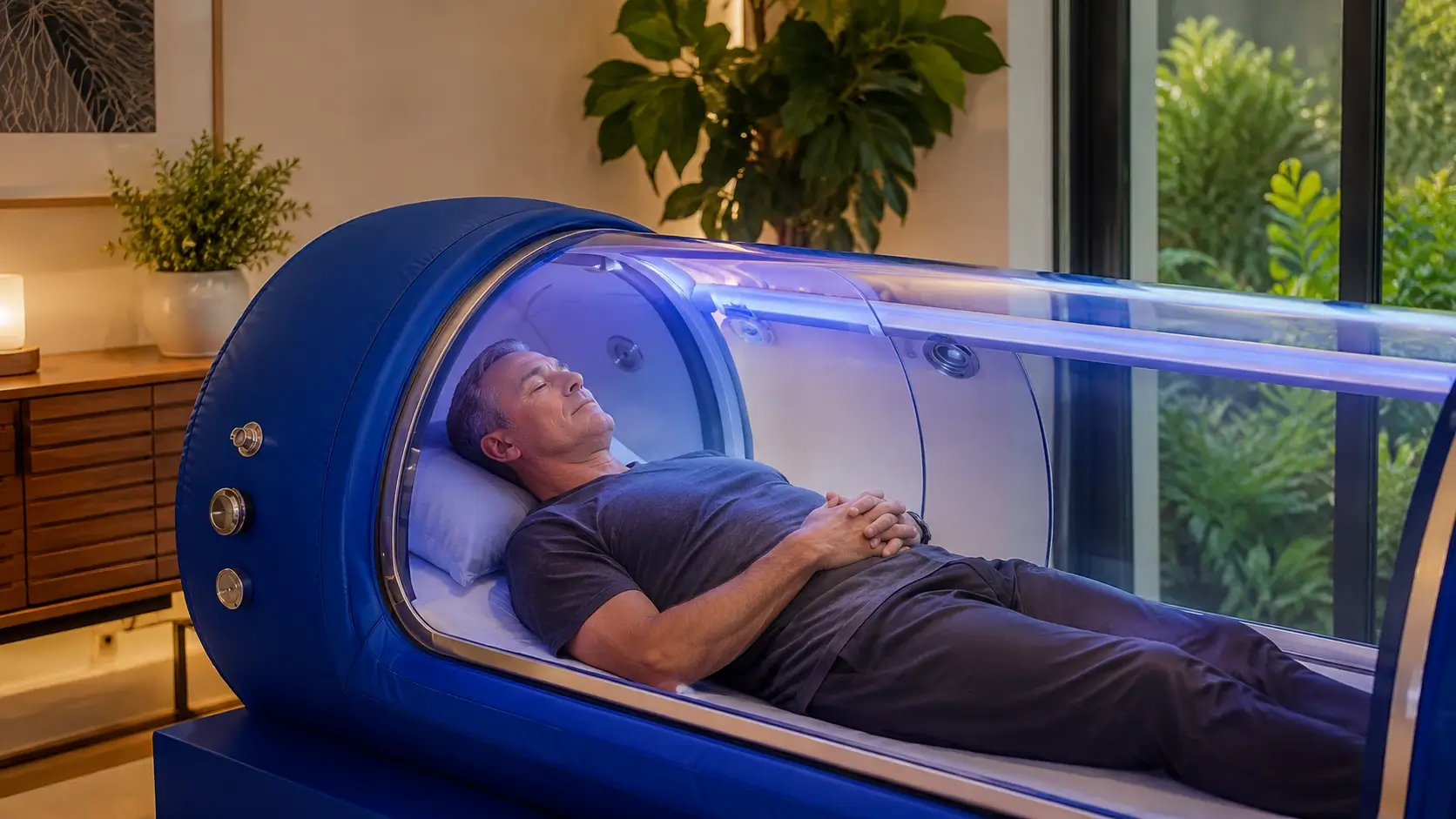 Active adult in their 50s relaxing during a mild hyperbaric oxygen therapy session at Harper MD in Weston FL, representing the recovery and wellness goals HBOT supports