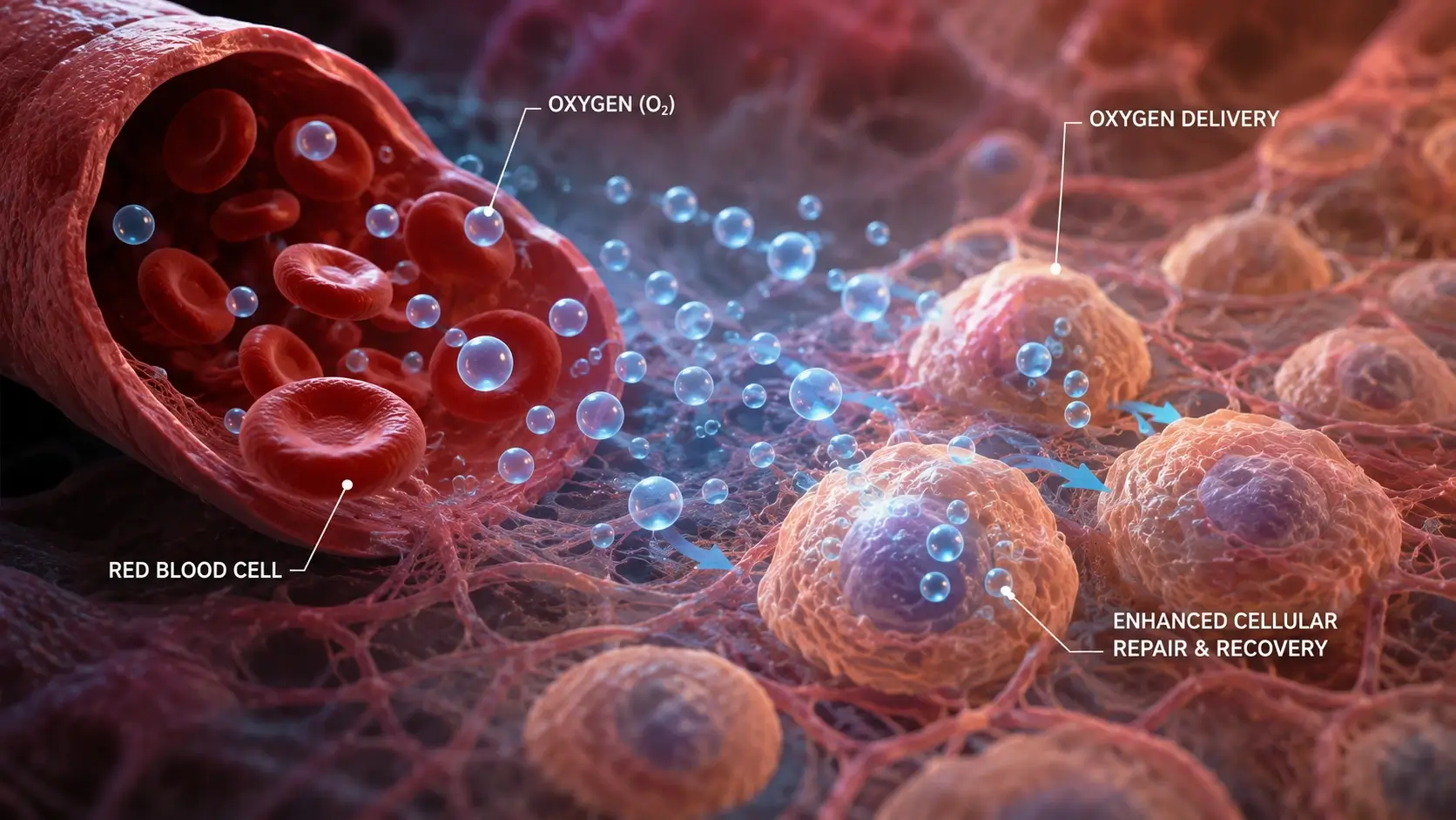 Illustration of oxygen delivery to tissue and cells through hyperbaric oxygen therapy, representing the cellular repair and recovery mechanisms supported at Harper MD in Weston FL