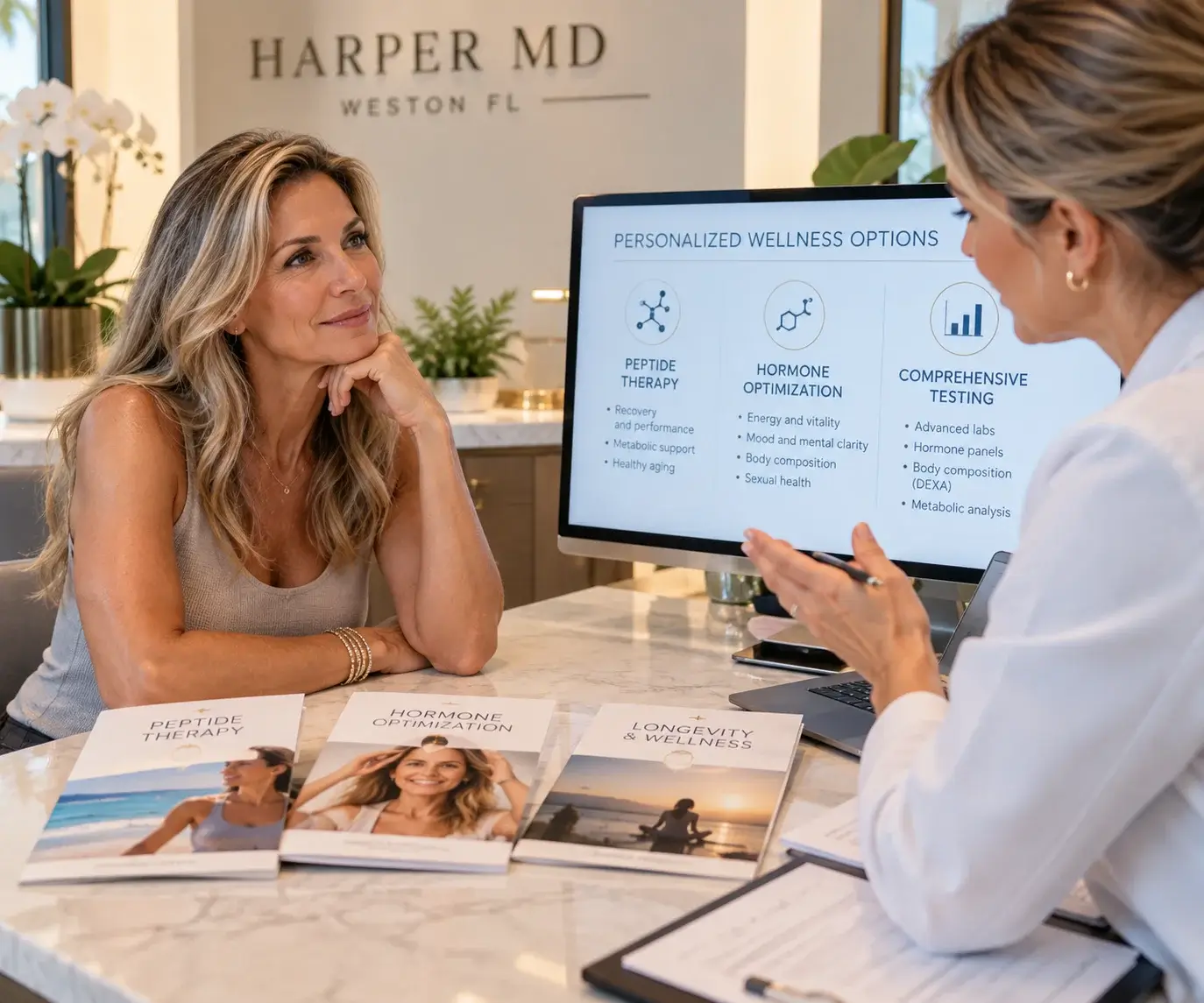 Active woman in her 50s considering peptide therapy and hormone optimization options at Harper MD in Weston FL