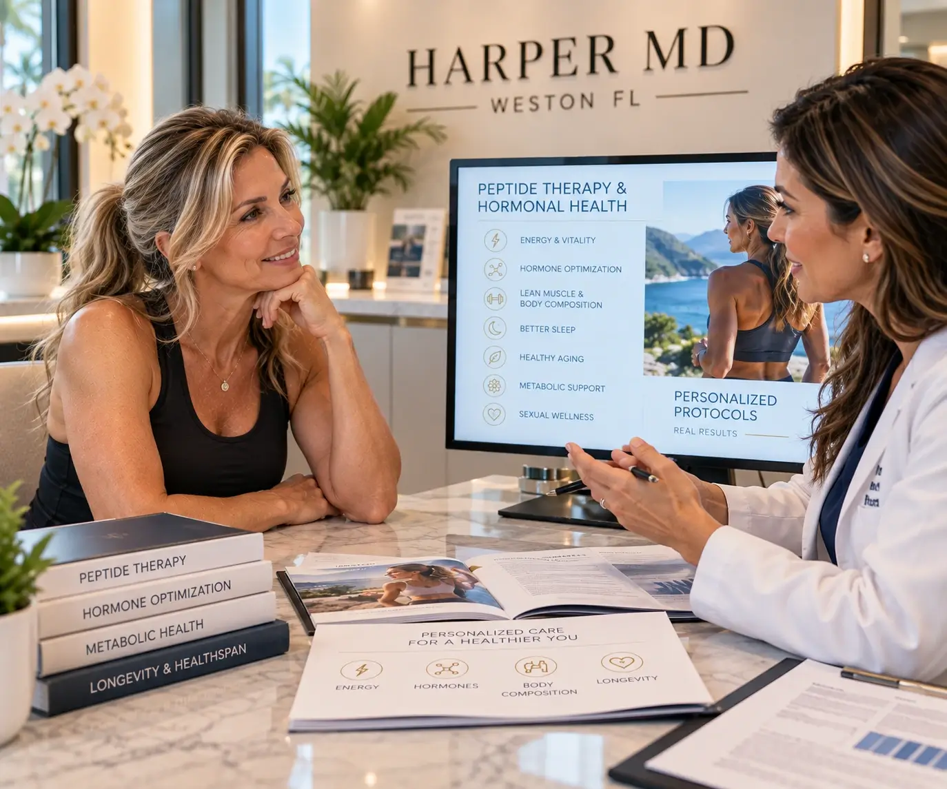 Active woman in her 50s discussing peptide therapy and hormonal health with a provider at Harper MD in Weston FL Active woman in her 50s discussing peptide therapy and hormonal health with a provider at Harper MD in Weston FL
