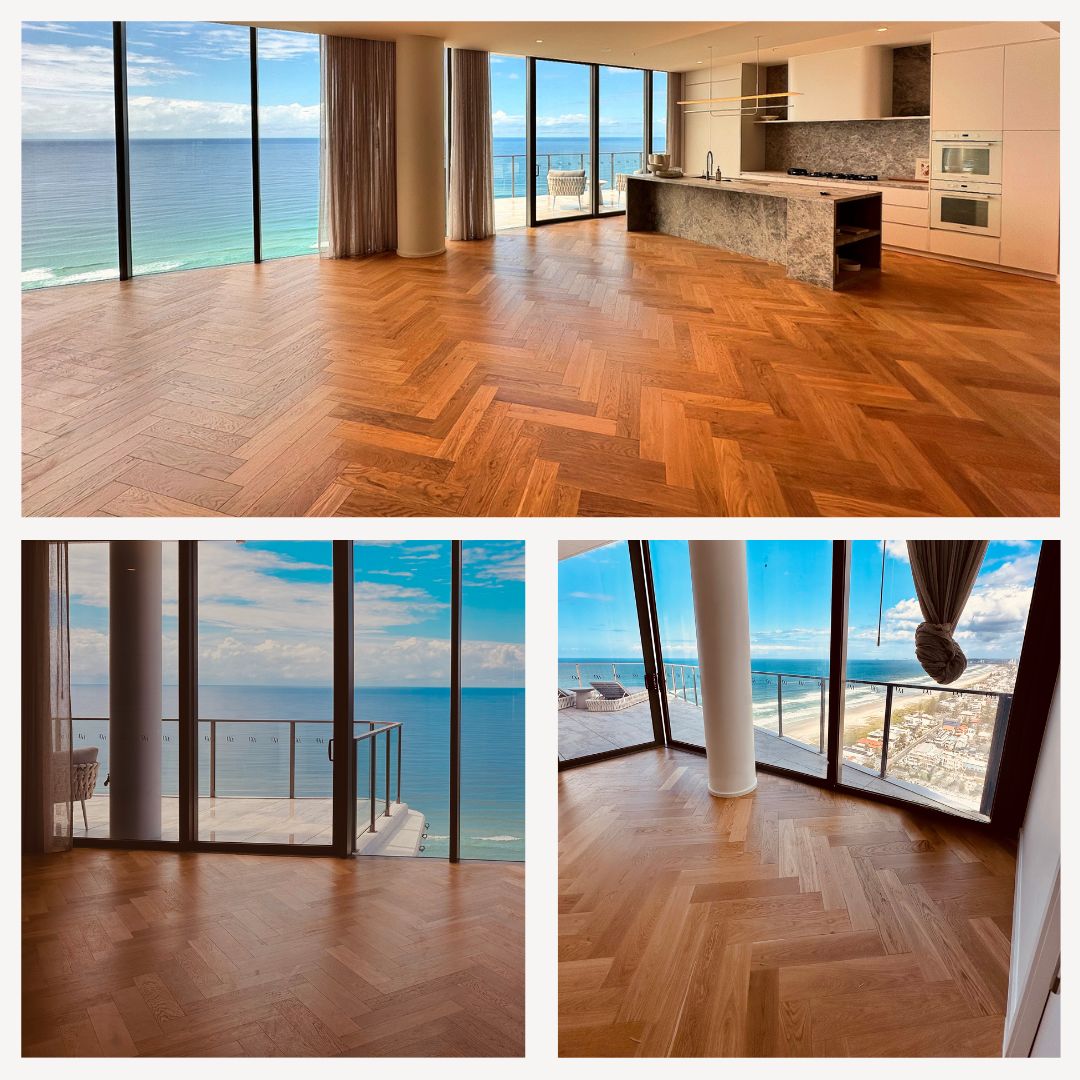 Herringbone timber flooring installations, including an oceanfront living room