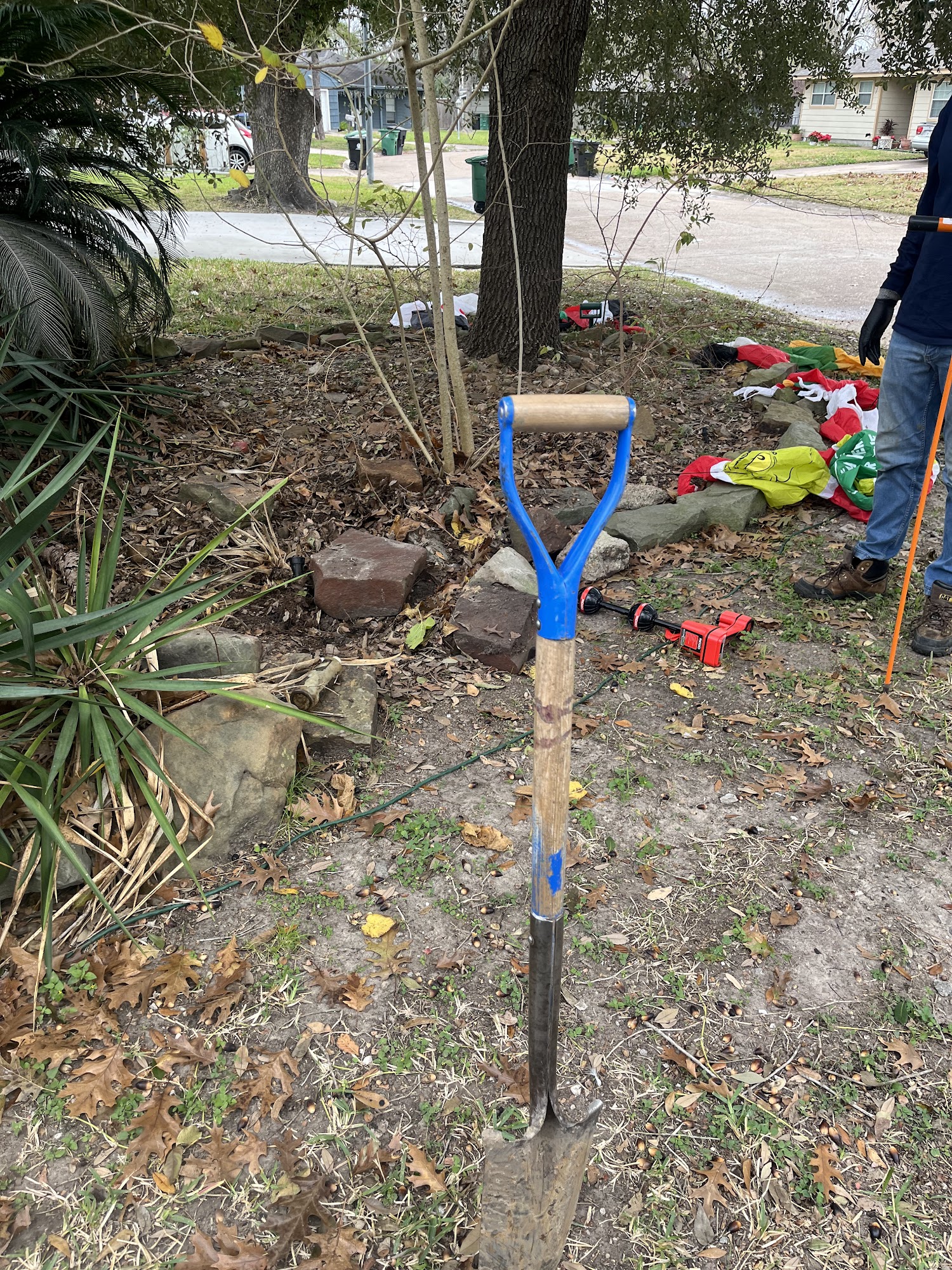 Houston Plumbing Services technician locating an underground water line in a front yard