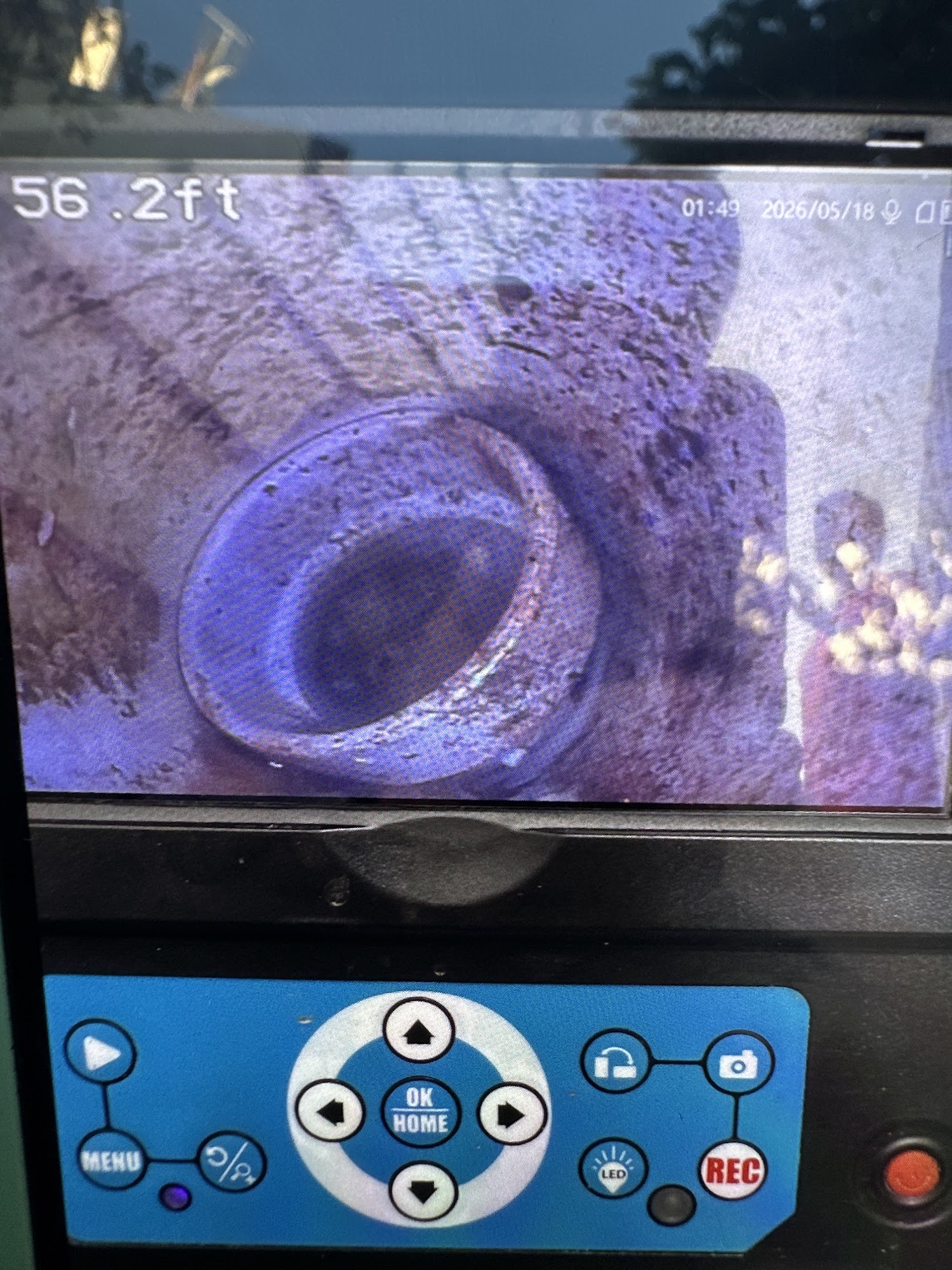 Sewer camera screen showing the inside of a Houston drain line during a leak inspection