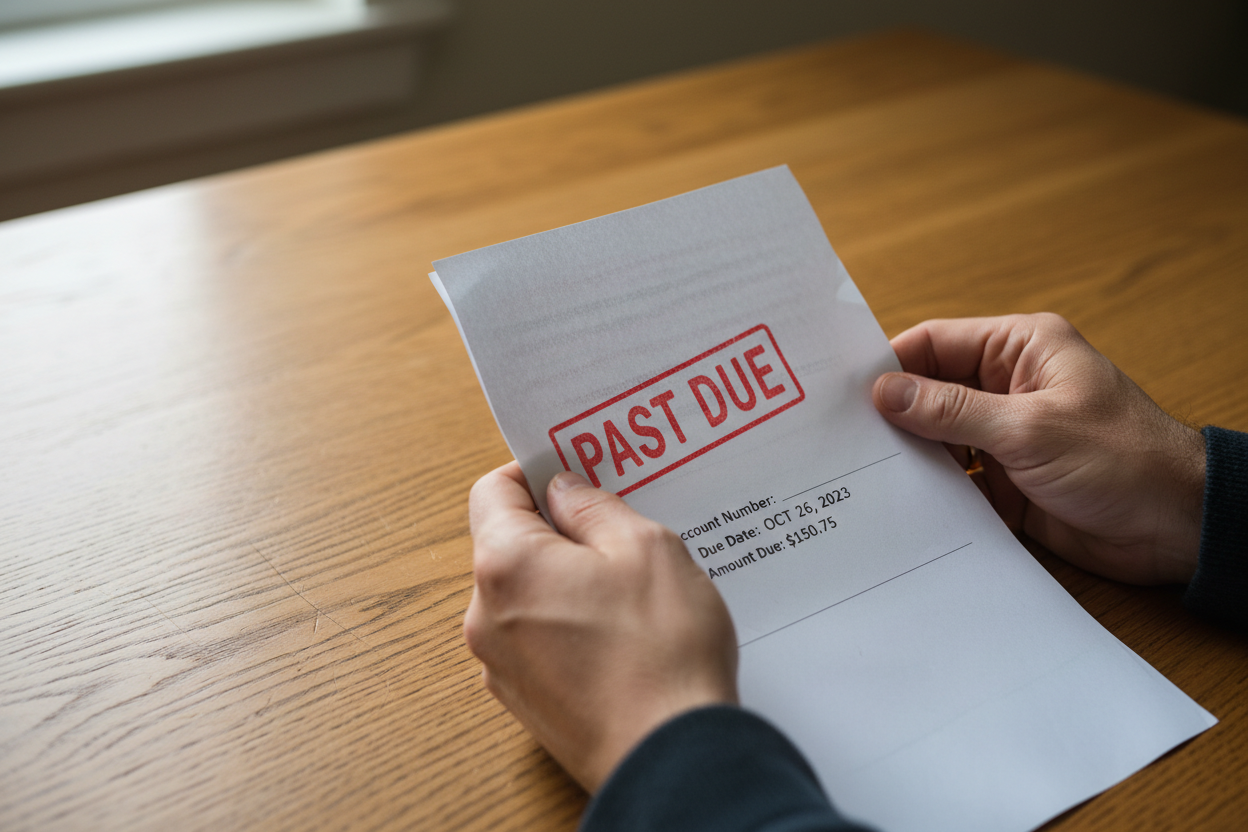 Past Due Bill in Hands on Wooden Desk