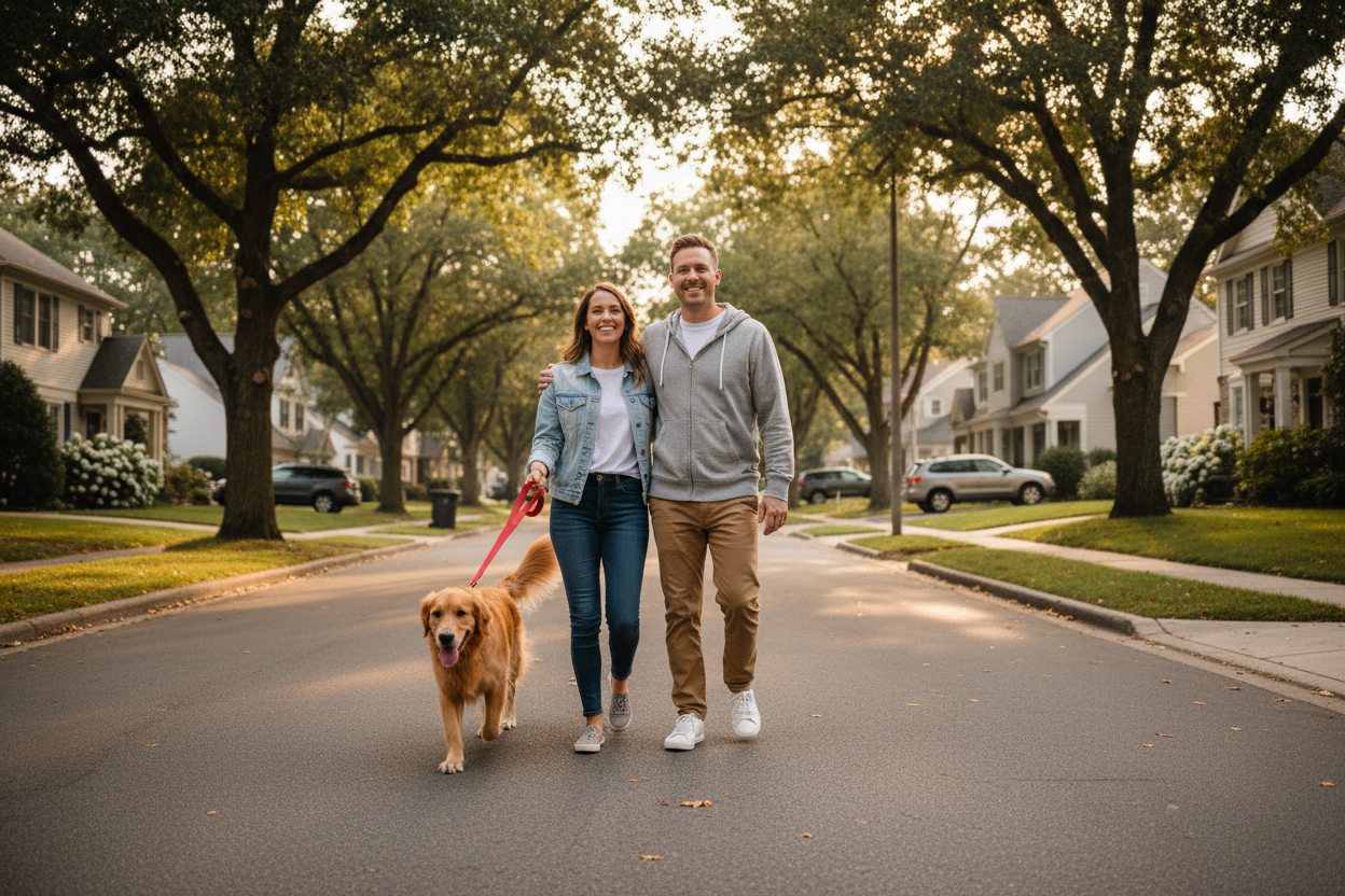 couple walking with dog n street