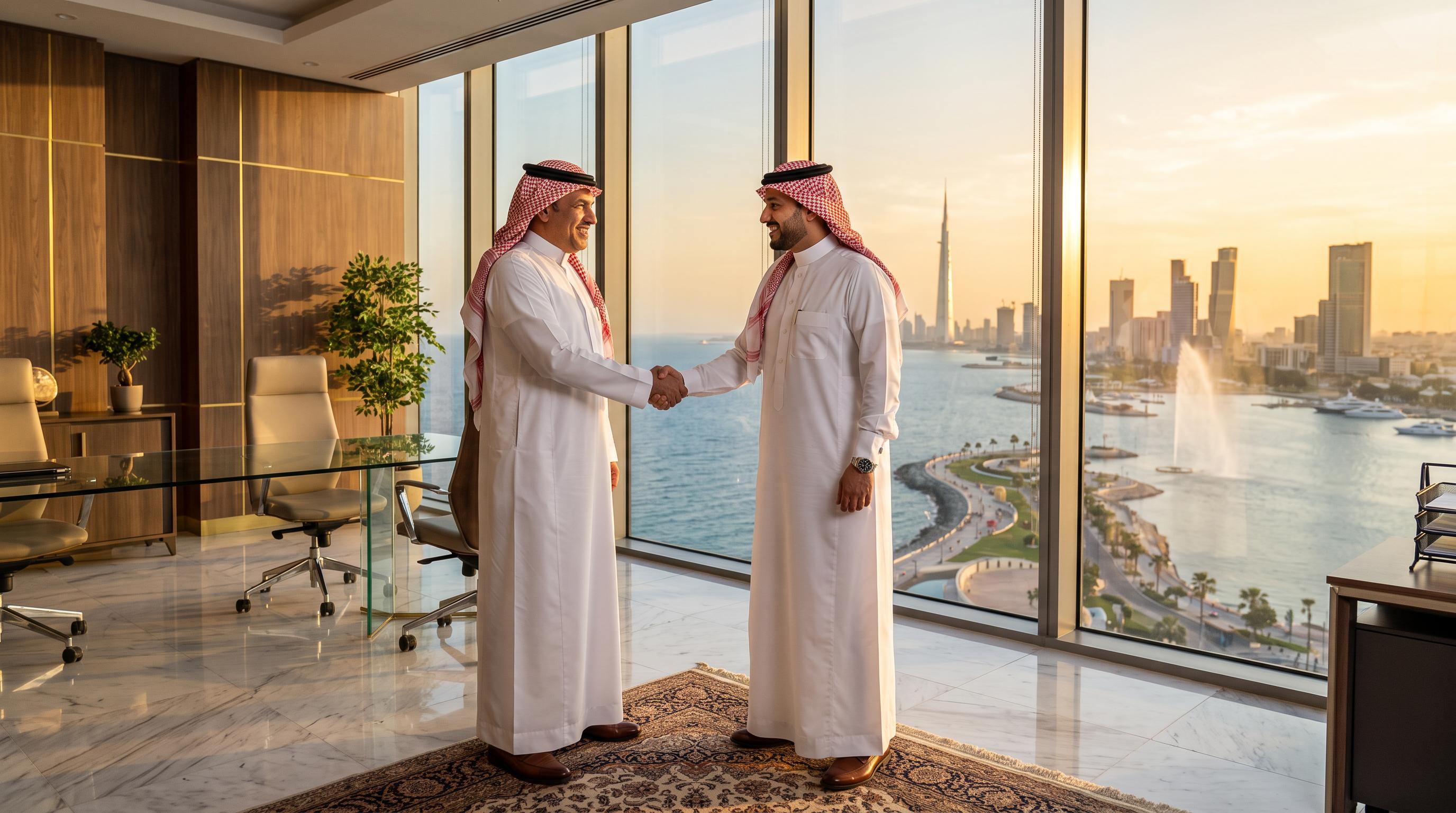 Two Saudi businessmen shaking hands in Jeddah Corniche office