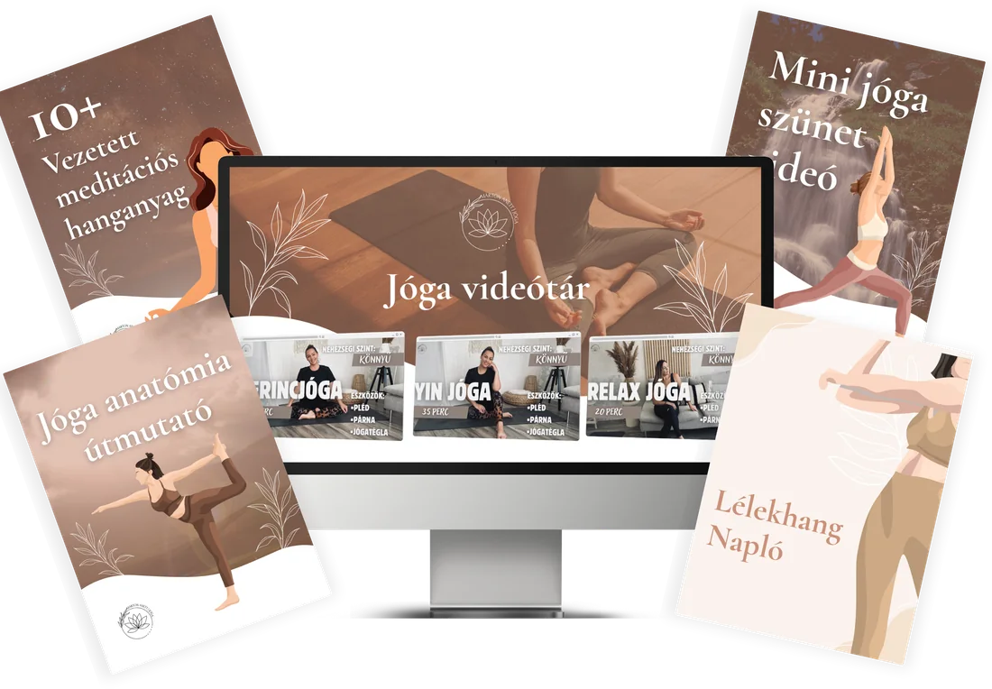 A Márton Anett Jóga online videótára monitoron, körülötte a bónuszanyagok: vezetett meditációk, jóga anatómia útmutató, mini jóga szünet videó és Lélekhang napló