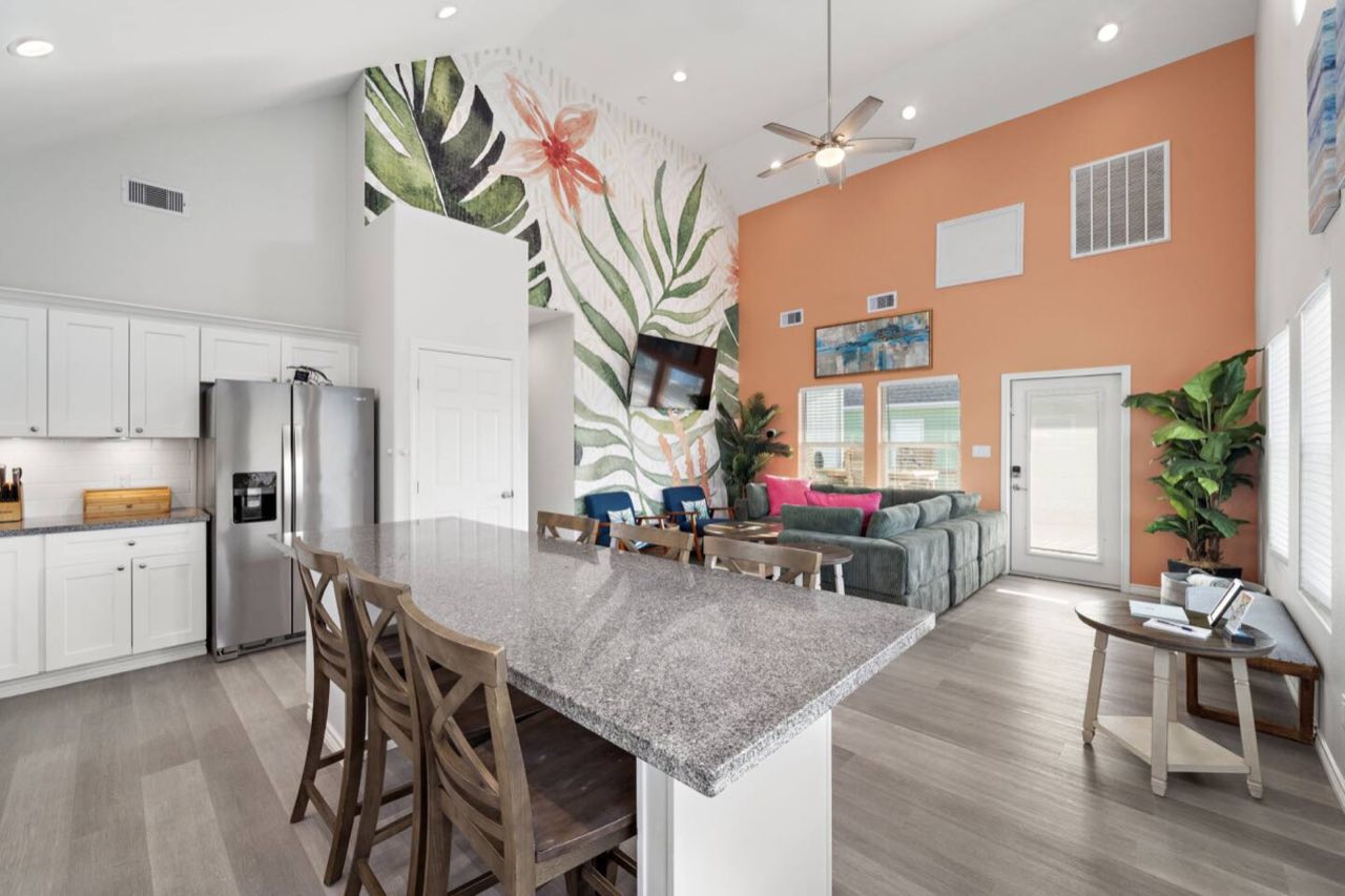 Open kitchen, dining and living