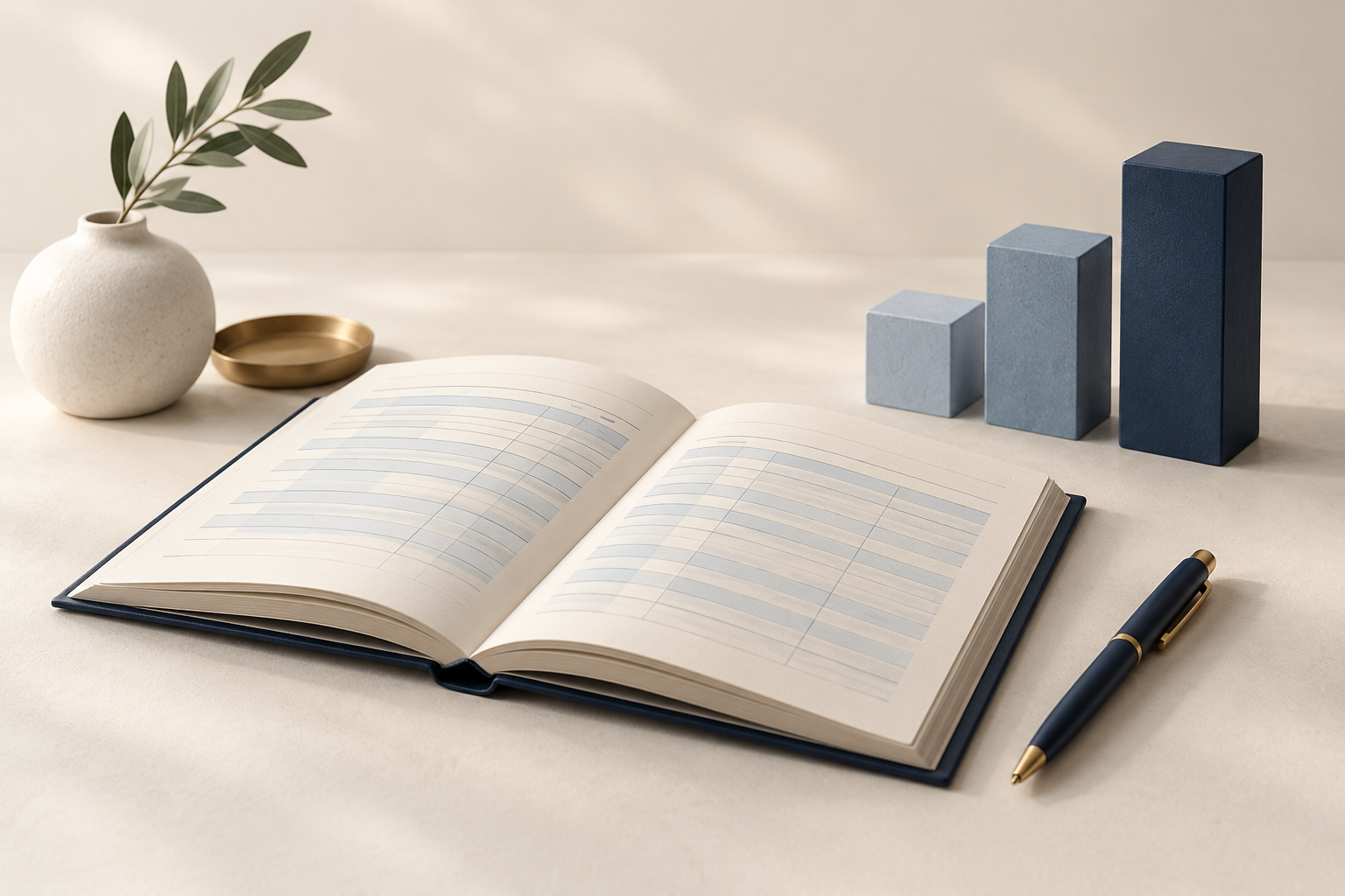An open ledger and simple blue chart blocks in a calm, neutral setting