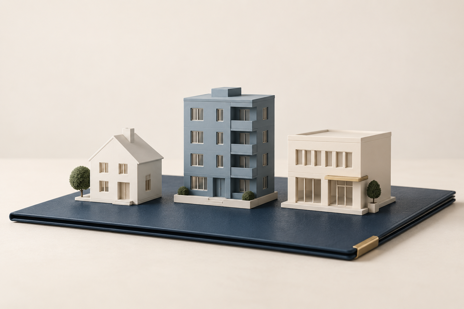 Simple models of a house, apartment building, and commercial property on a navy folder