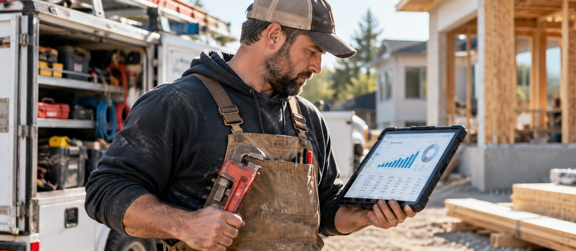 Trades business owner reviewing financial performance while working in the field
