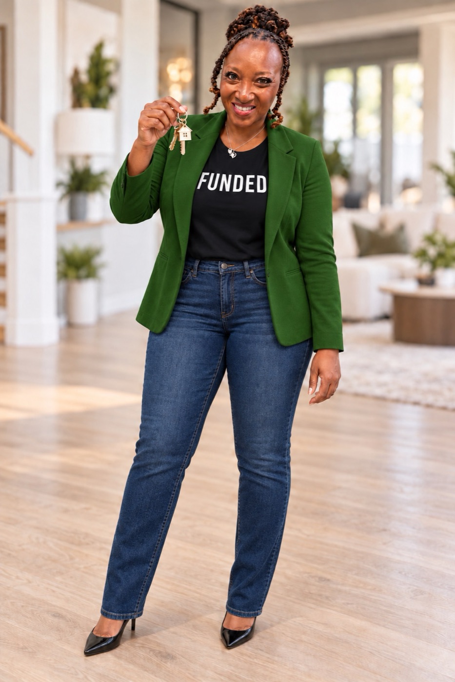 Chantelle Davis, REALTOR®, in a green blazer holding house keys