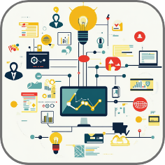 Collection of digital marketing icons, including strategy, analytics, and creative solutions for business growth