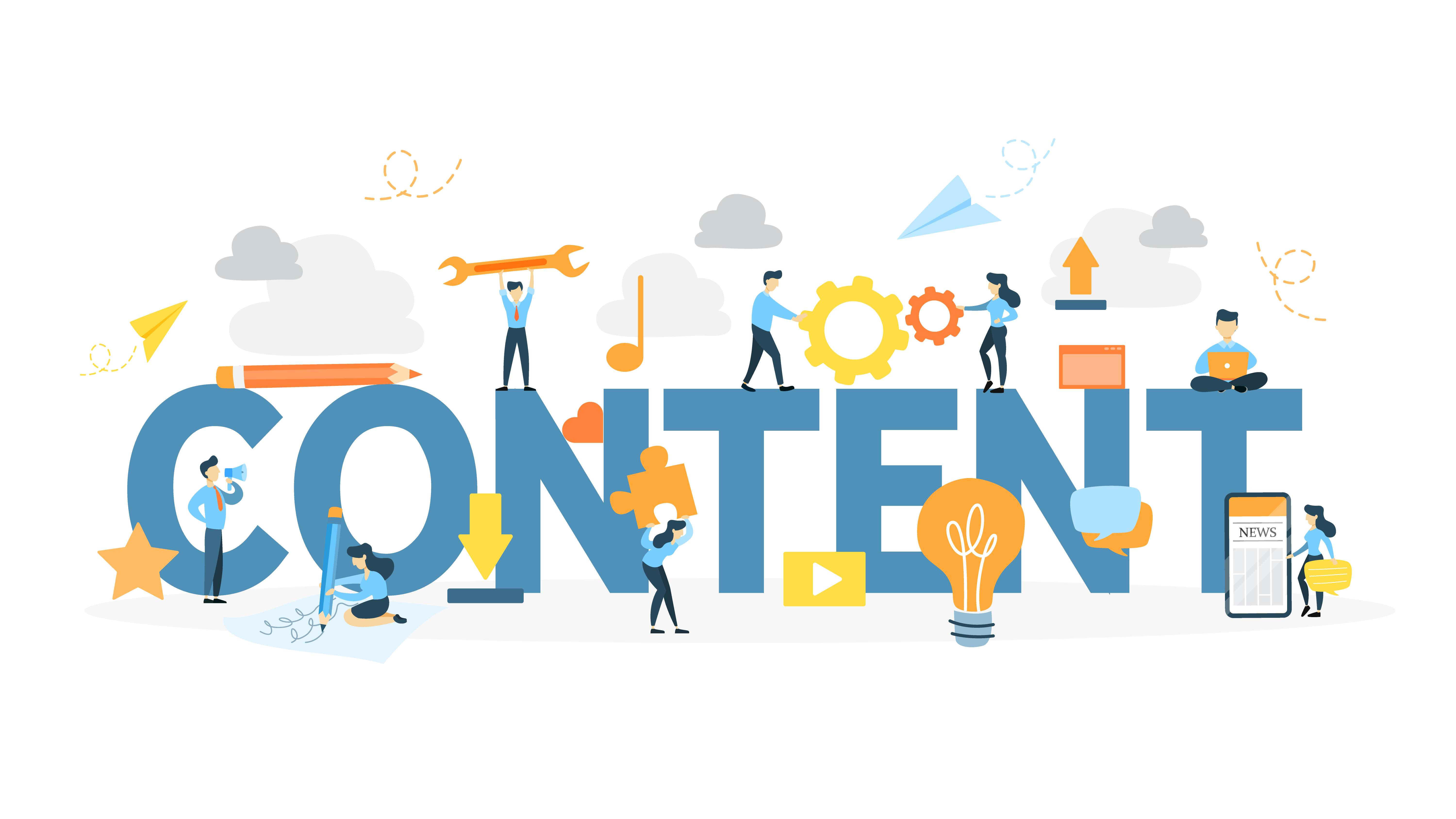 Colorful illustration of content marketing with icons representing creativity, engagement, and strategy.
