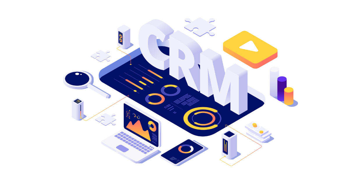 Black and white illustration of a CRM system with analytics, automation, and digital integration.