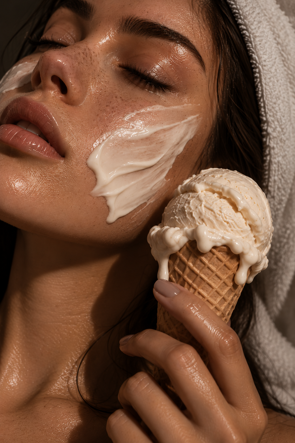Close-up skincare editorial featuring cream application and an ice cream cone