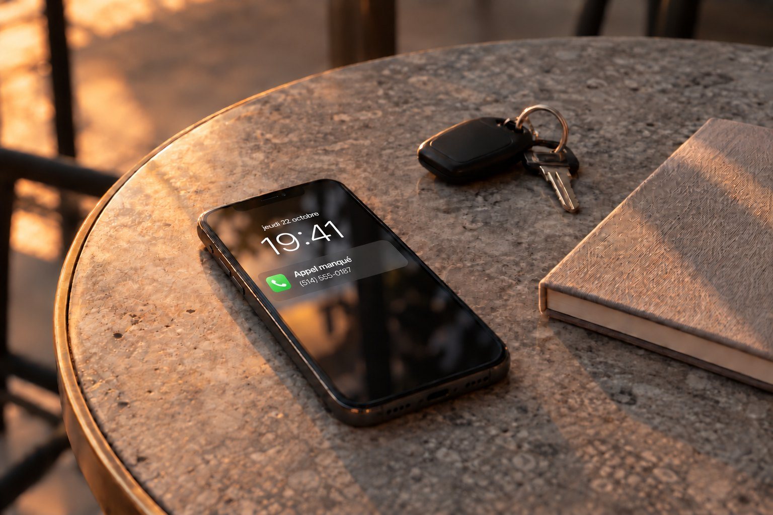 Un téléphone sur une table en soirée, un appel manqué à l’écran