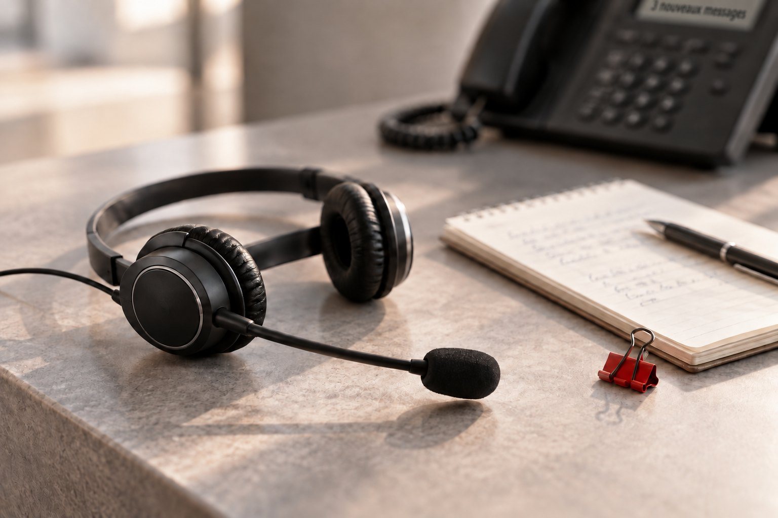 Un casque d’écoute posé sur un bureau à côté de messages téléphoniques écrits à la main