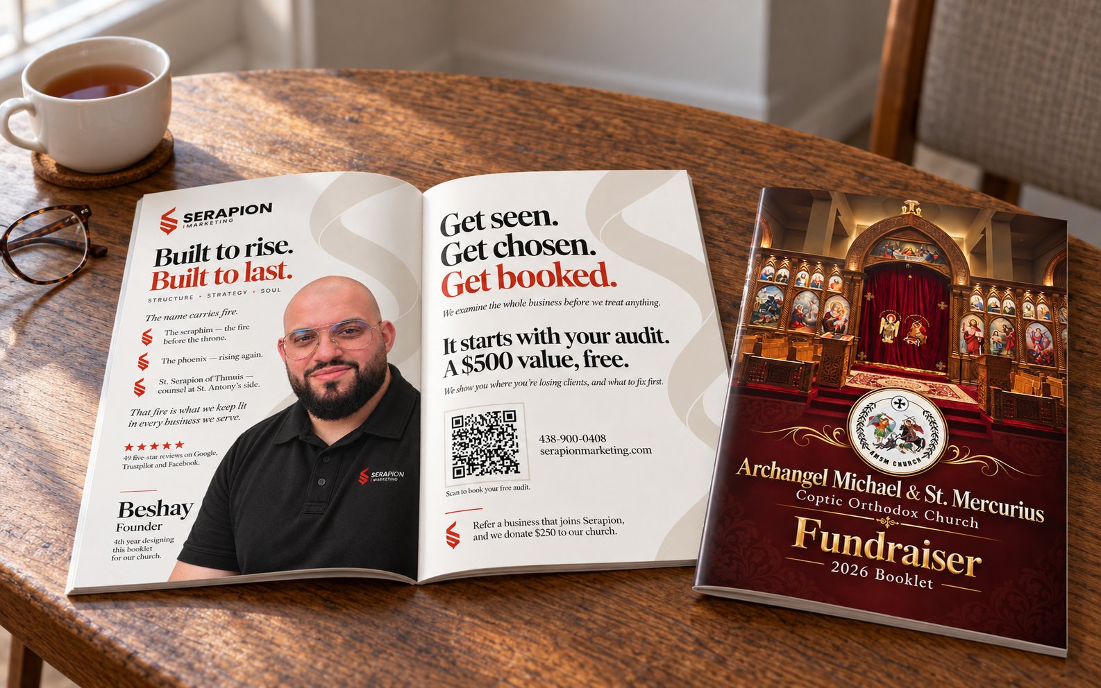 The 2026 AMSM fundraiser booklet, open on the two Serapion pages, with the cover beside it
