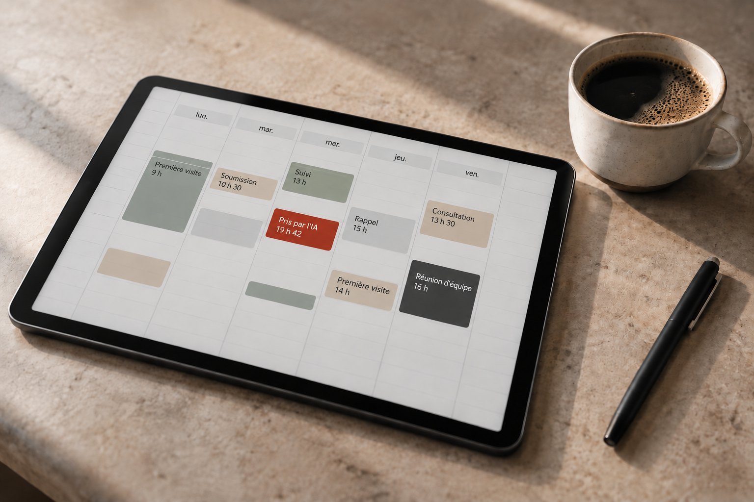 Une tablette sur un bureau, une semaine de rendez-vous réservés