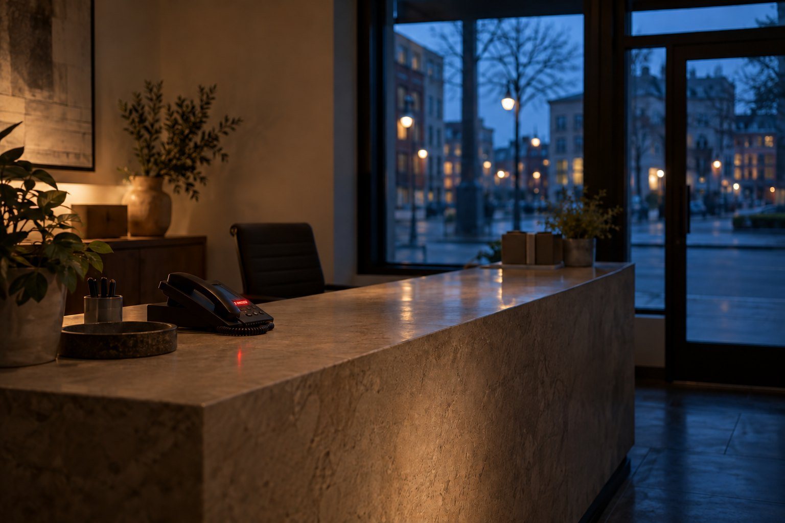 A small business front desk after closing time, a phone light still on