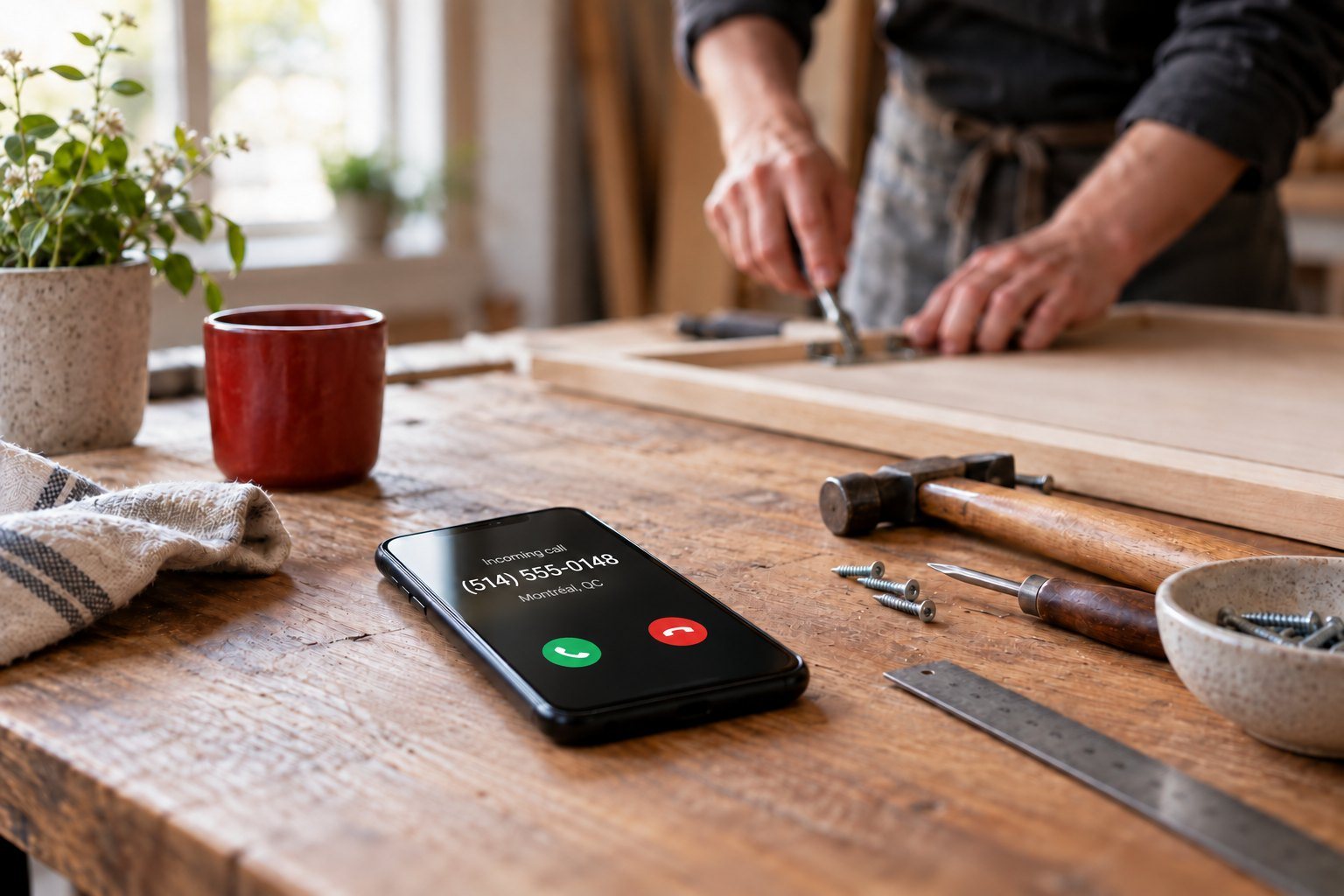 A phone lighting up with a call on a workbench while the owner keeps working